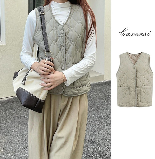 Cavensi 大尺碼 L-3XL 日系菱格紋內刷毛保暖馬甲背心 有口袋 疊穿外套