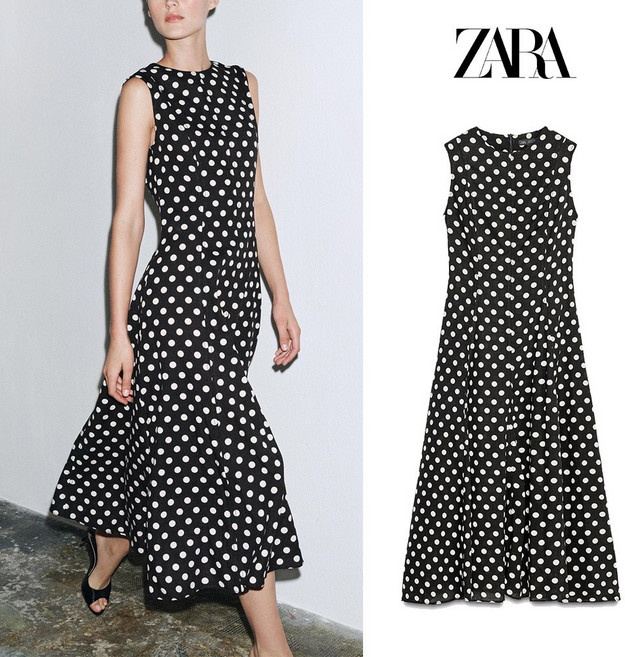 자라 여성 원피스 민소매 폴카 도트 미디 ZW컬렉션 리넨혼방 A라인 드레스