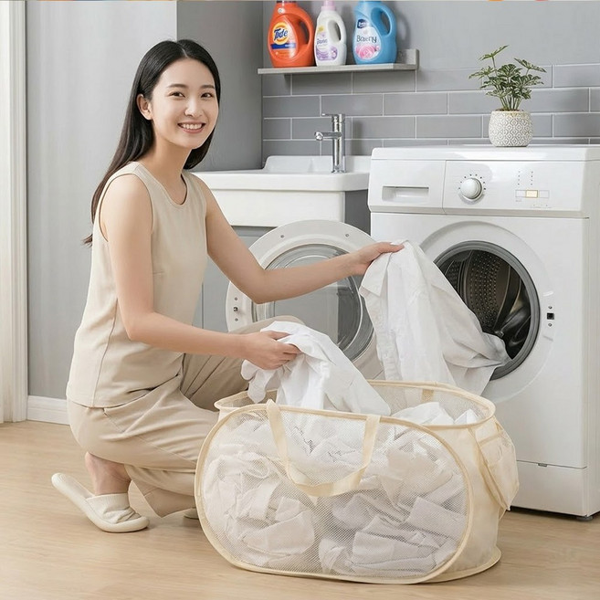 접이식 매쉬 손잡이 대용량 장난감 정리함 가로형 빨래 세탁 바구니, 베이지