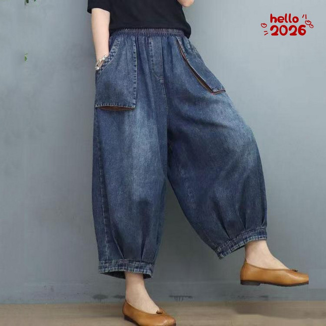 Luminax 여성 밴딩 배기청바지 빅사이즈 데님 팬츠 오버핏 바지 데일리청바지 여자 와이드 9부청바지 스판 배기팬츠