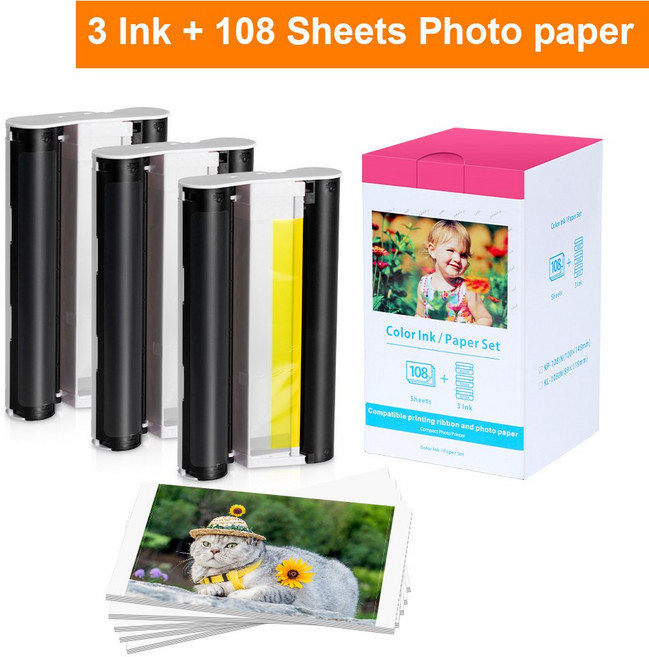 캐논 셀피 포토 프린터잉크 카트리지 인화지 호환 CP1300 광택 용지 KP-108IN CP1200 CP1500 CP910 900 6 인치, 3 inks 108 paper, 1개