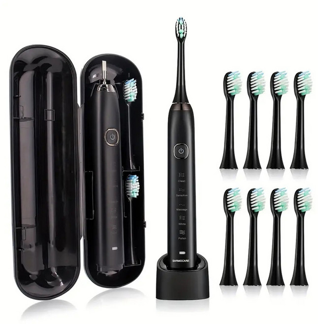 SARMICARE 聲波震動智慧牙刷 42000次震頻 5種潔牙模式 IPX7防水 感應式充電 附8刷頭與旅行盒 伯爵黑, 1個