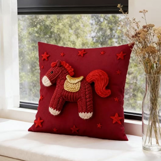 행운 말 프린팅 소파 쿠션커버, 레드