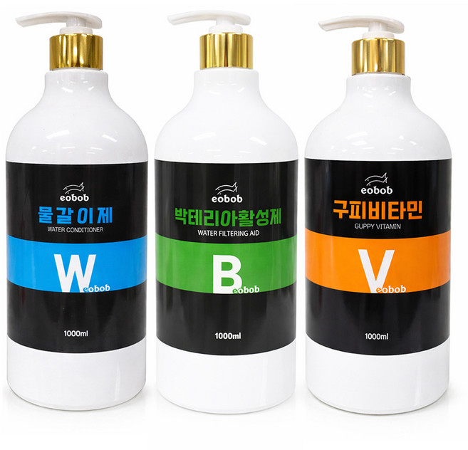 EOBOB 고급 프리미엄 골드 펌프형 대용량 1000ML 3개세트 총 3000ML 물갈이제 박테리아활성제 구피비타민, 1개