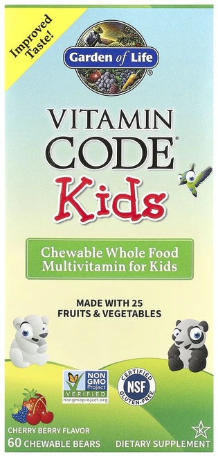 Garden of Life Vitamin Code 어린이용 츄어블 천연 식품 종합비타민 체리 베리 맛 곰 모양 츄어블 60정, GardenofLifeVitaminCode어린이용츄어블, 1개 - 쿠팡