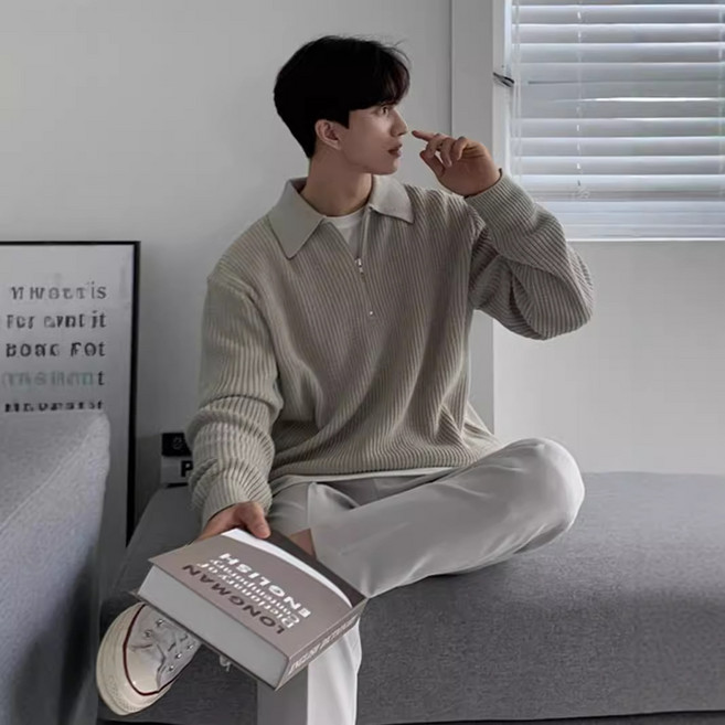 스타일닥터 남성 반집업 니트 빅사이즈 루즈핏 맨투맨 베이직 골지 긴팔 상의