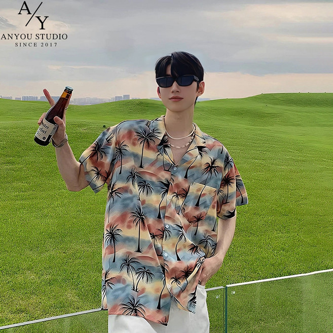 ANYOU 하와이안 셔츠 여름 패션 꽃셔츠 빅사이즈 루즈핏셔츠 캐주얼 반팔셔츠