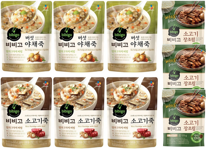 비비고 건강죽 420g A세트 (버섯야채죽 x 3개 + 소고기죽 x 3개 + 소고기장조림 125g x 3개), 1set