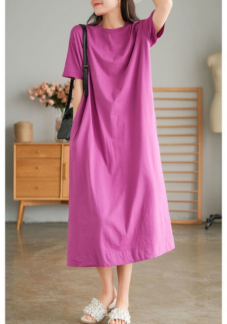 여성 여름 린넨 원피스 캐주얼 심플 면 마 롱 치마 루즈핏 빈티지 라운드 반팔 린넨 미디 원피스 빅사이즈