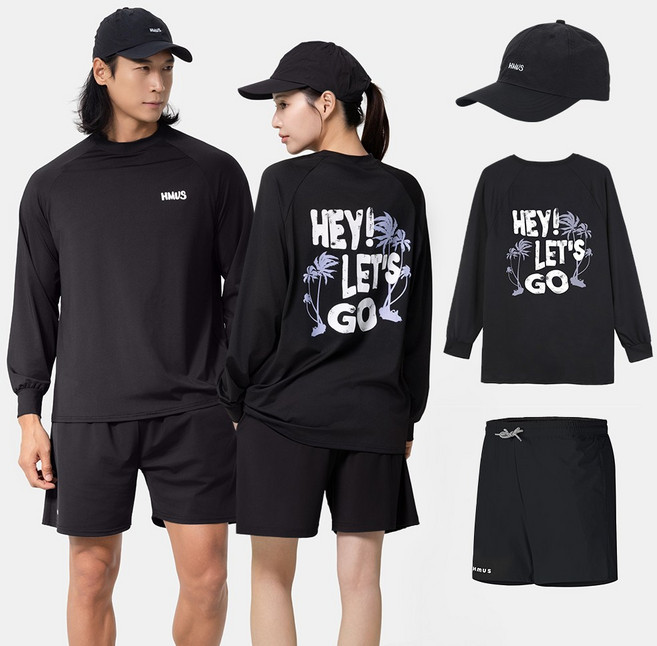 HMUS 남녀공용 루즈핏 래쉬가드 반바지 모자 3종세트 / 디자인 30종