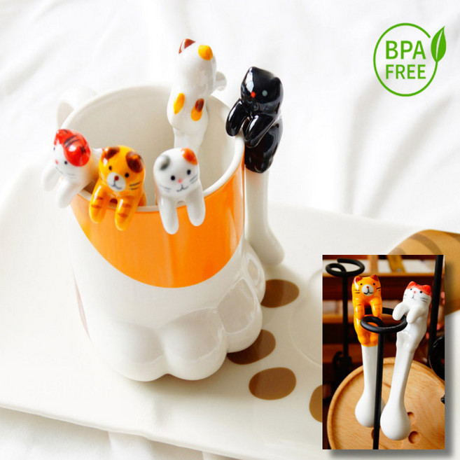 티스푼 요거트스푼 세라믹 고양이티스푼 커피스푼 집들이 신혼 선물, 팔색냥이, 1개