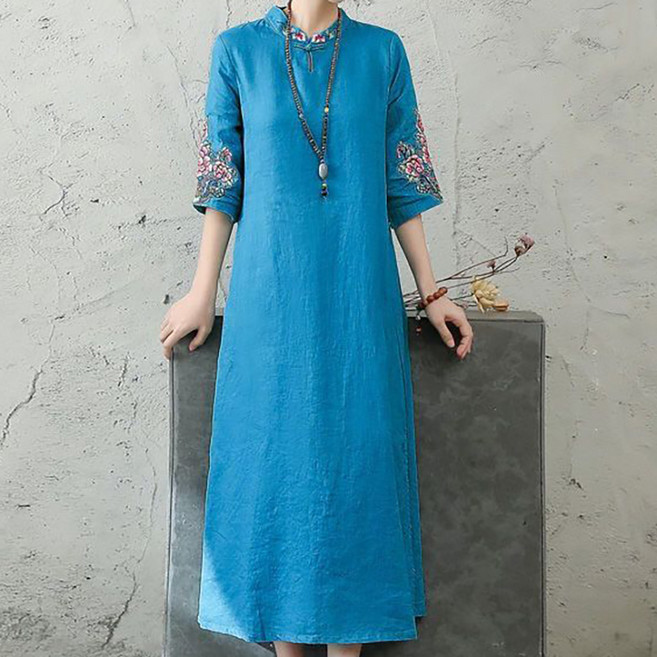 ORZQU 여름 중년 여성 캐주얼 자수 원피스 트임 미디 개량한복