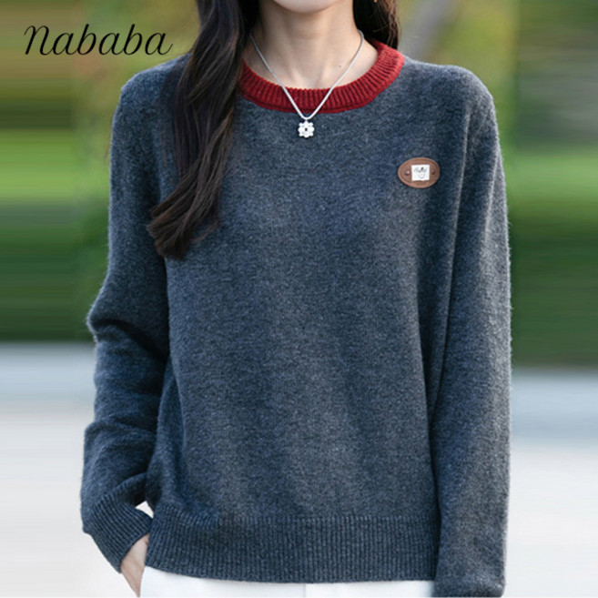 나바바 NK2644 여성 심플 데일리 라운드넥 긴팔 니트티