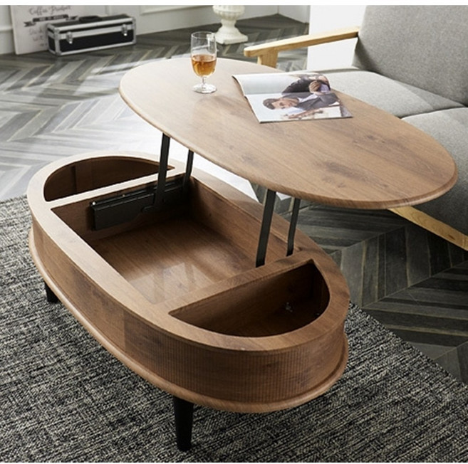 정도마켓 타원형 높이조절 리프트 거실테이블, 내추럴