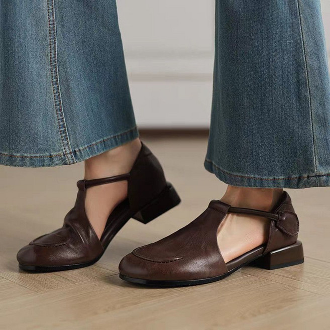 여성 빈티지 가죽 스트랩 샌들 봄 여름 메리제인 슈즈