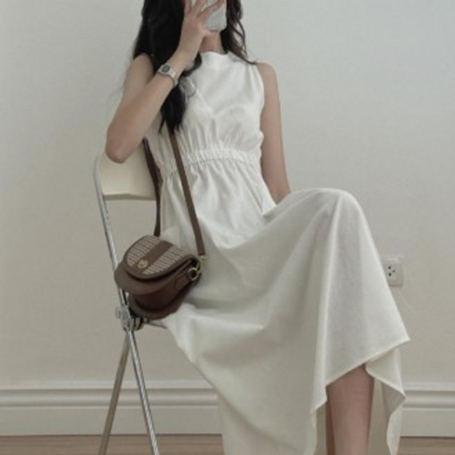 쫑쫑이의 HARU 허리 셔링 민소매 롱원피스 허리 밴딩 여름 원피스 루즈핏원피스 빅사이즈원피스 바캉스룩 휴양지룩