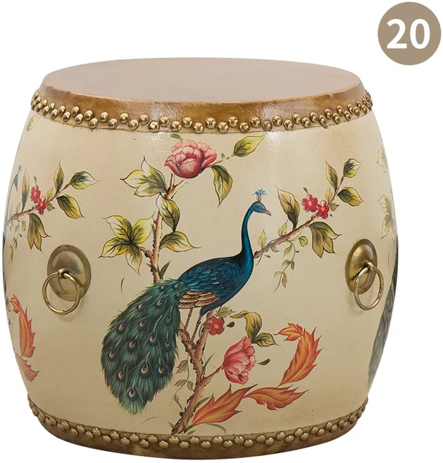 손으로 그린 ​​디자인의 가죽 드럼 의자 단단한 나무 자수 발판 중국 스타일 복고풍 낮은 좌석 라, 05 A19288