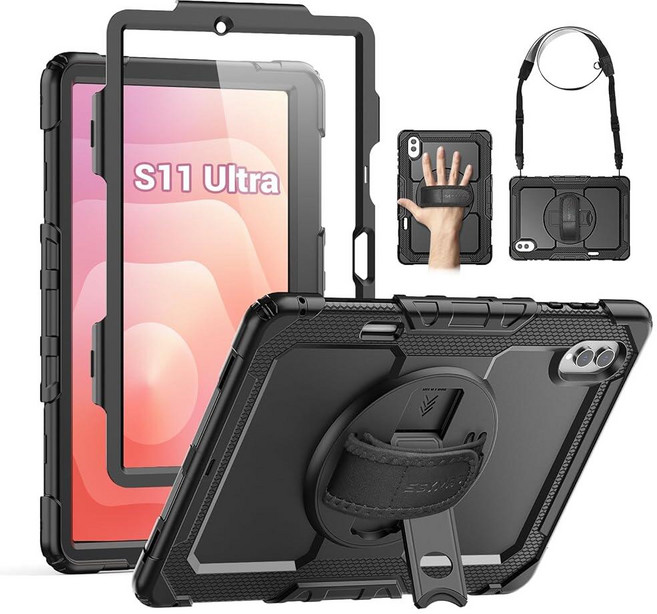 SEYMAC 삼성 갤럭시 탭 S11 울트라 5G 14.6인치 2025용 케이스 화면 보호기가 있는 튼튼한 충격 방지 보호 케이스 회전 스탠드 및 손/어깨끈 블랙, SEYMAC 삼성 갤럭시 탭 S11 울트라 5G 14.