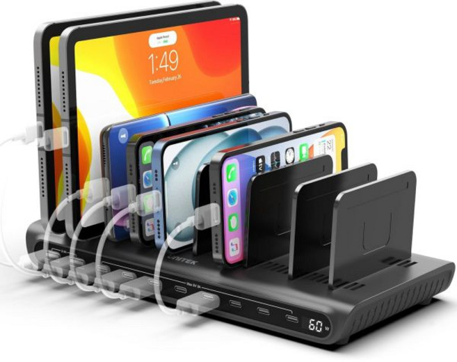 Unitek USB 충전소 10개의 USB 고속 포트 충전 도킹 스테이션 및 조절 가능한 칸막이 iPad iPhone 태블릿 및 휴대폰과 호환되는 멀티 디바이스 충전기 정리함, 10 Port/ Gray, Pack of 1