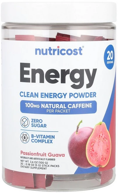 Nutricost Energy Clean Energy Powder Passionfruit Guava 20 Stick Packs 0.18 oz (5 g) Each - 쿠팡