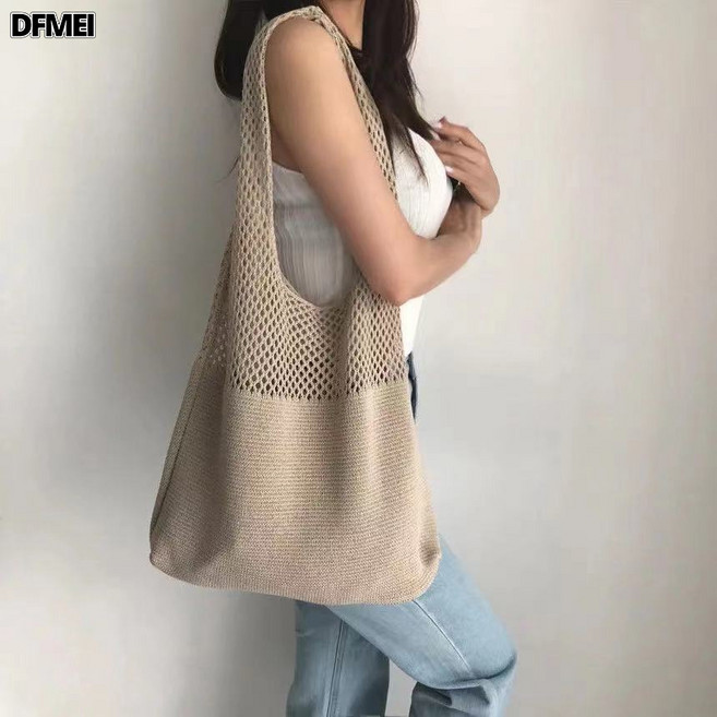 DFMEI 秋冬包包百搭編織斜挎針織純色手提包通勤大容量水桶包, 卡其色
