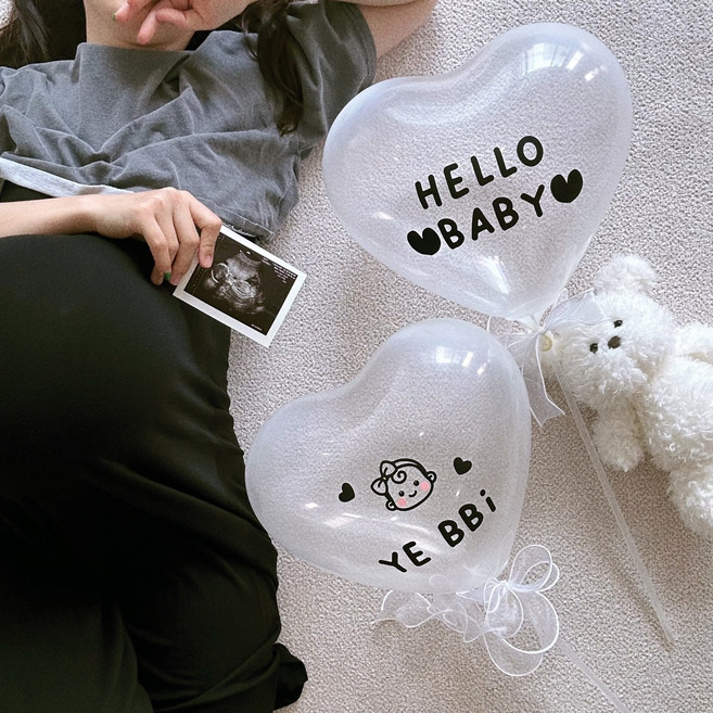 현재의태도 베이비샤워 웰컴베이비 헬로베이비 하트풍선 리본세트, 1세트, 클리어하트