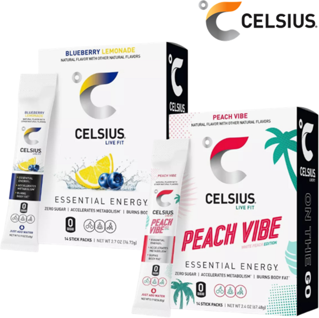 [CELSIUS] [1+1] 셀시어스 히트 워터 제로슈가 블루베리 레모네이드 맛 14개입 + 피치 바이브 14개입 에너지 드링크 파우더 Energy Drink Mix