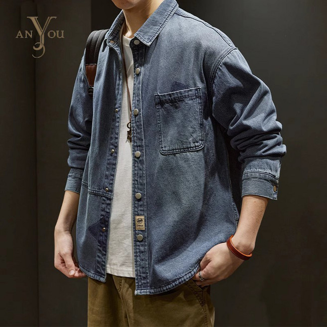 ANYOU 남성 데님셔츠 캐주얼남성 긴팔 셔츠 루즈핏 데님 코트
