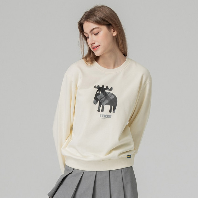 moz 瑞典 格紋駝鹿 純棉大學T 奶油白 亞洲版 女款 XL