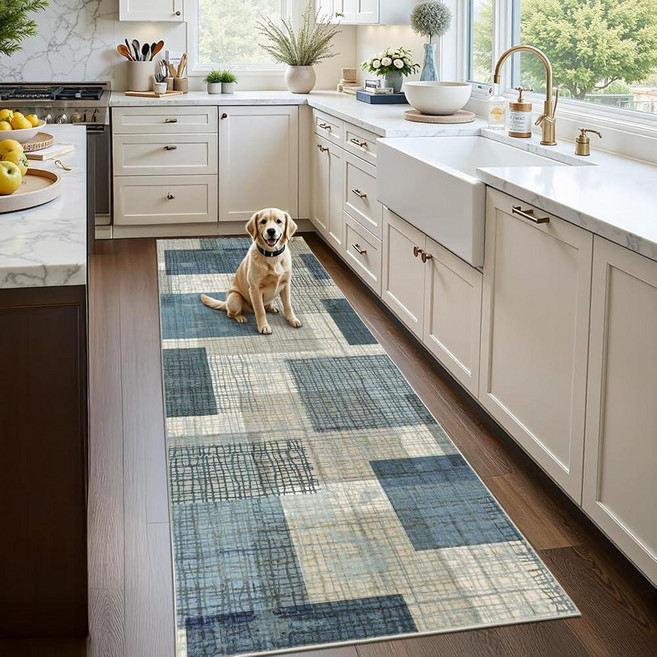 Ailyei Non Slip Washable 2x6 Runner Rug Long Modern Geometric Patchwork Rug for Hallway Kitchen E, Blue