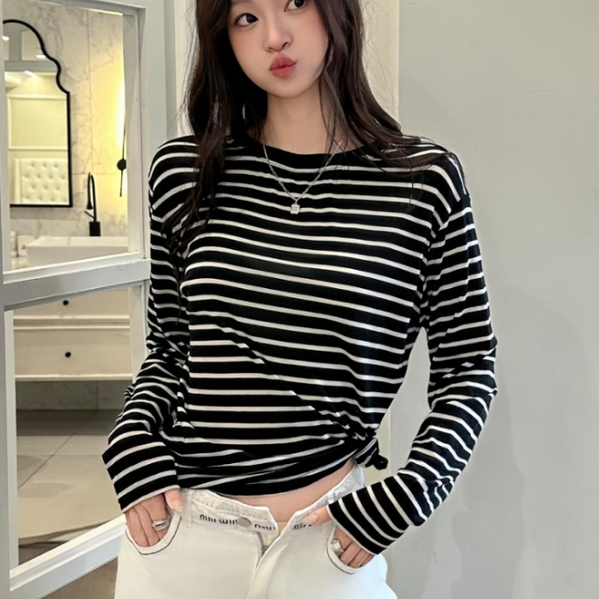 무니유유 텐셀원단 레트로 스트라이프 냉감 아이스 쿨 시스루 긴팔 티셔츠