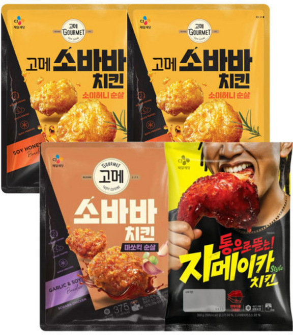 CJ 고메 소바바 소이허니순살 + 마쏘킥순살 + 자메이카치킨 350g, 2개, 375g
