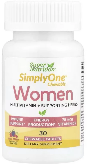 슈퍼뉴트리션 Super Nutrition SimplyOne 여성용 종합비타민 지원 효능 허브 비타민A 유기농 식물 혼합물 야생 베리 함유 츄어블 30정, SUP 업ER 슈퍼 NutritiON 온, Simply, 1개 - 쿠팡
