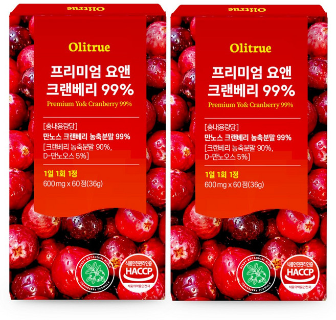 [정품] 프리미엄 요앤 크랜베리 99%, 2개, 60정