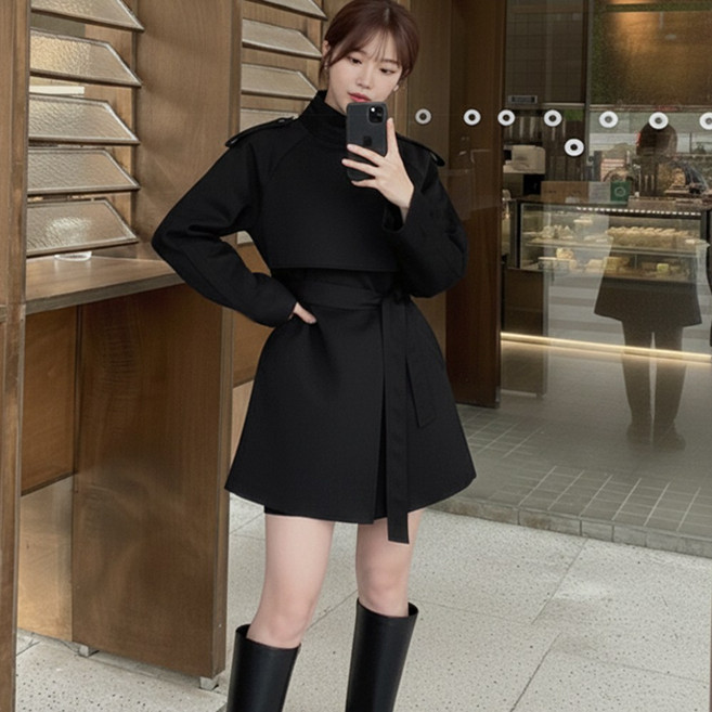 하이넥 벨트 여성 트렌치 코트 자켓 점퍼