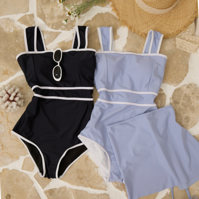 베라가든 모노키니+스커트 2종Set 체형커버 원피스 수영복, 블랙