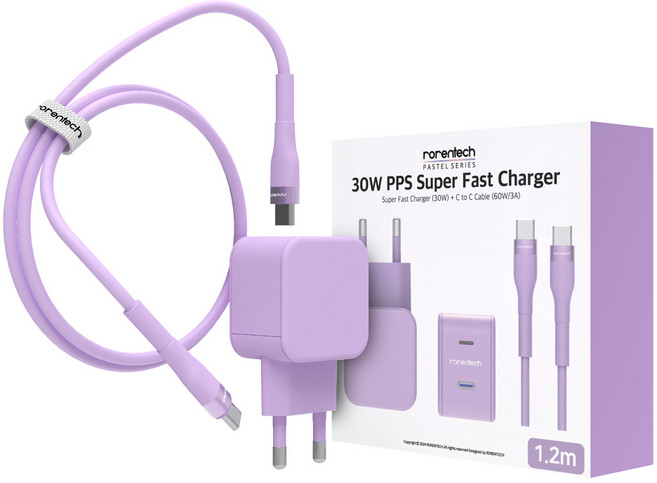 로랜텍 파스텔 PPS PD 초고속 충전기 30W + C타입 to C타입 케이블 1.2m 세트, 퍼플, 1세트