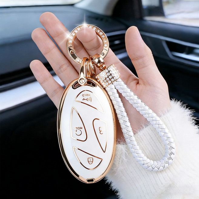 MODACE 현대 자동차 스마트 (5버튼/7버튼)TPU 키케이스 보호 케이스+ 큐빅 편직 가죽 메탈 키링, 7버튼, 화이트 골드