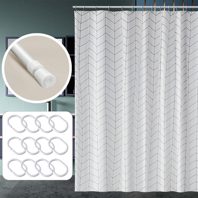 디엔오 샤워커튼세트 욕실 샤워커튼 + 샤워봉 + 커튼링 12p 1세트, 헤링본 화이트