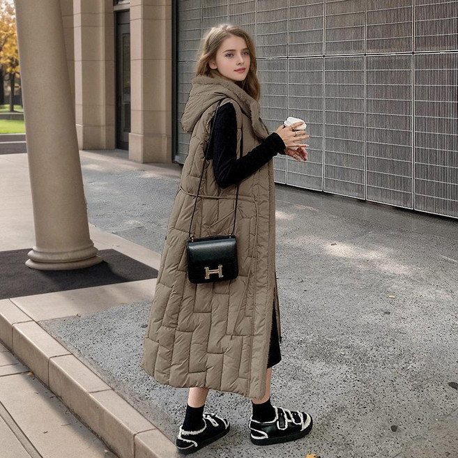 여자 구스다운 롱패딩조끼 빅사이즈 겨울 롱조끼 후드 경량 자켓 롱패딩 롱 점퍼 가을, 1개, 커피색