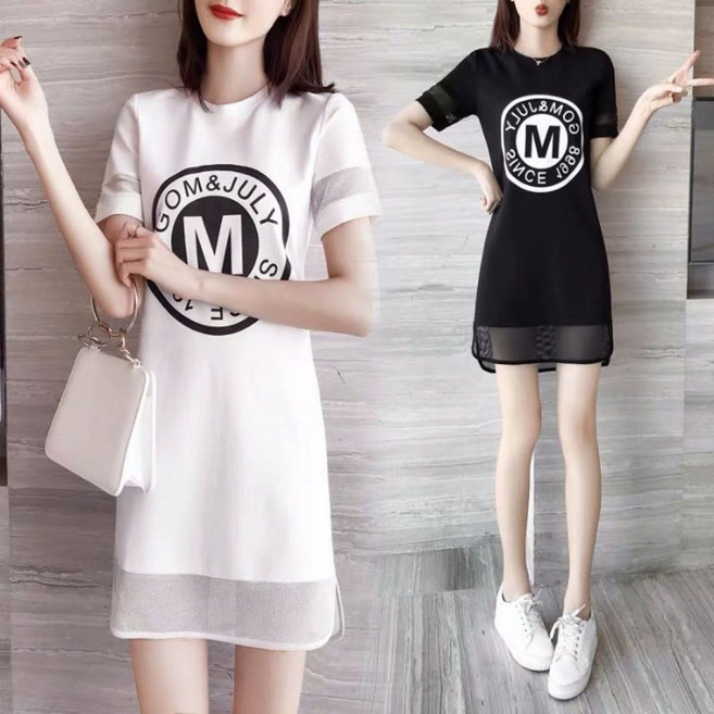 영문 망사 포인트 프린팅 소매 원피스 밑단 날씬핏