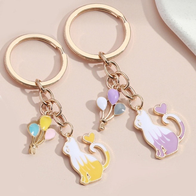 미니마켓 귀여운 고양이 키링 열쇠고리, 옐로우-퍼플, 2개