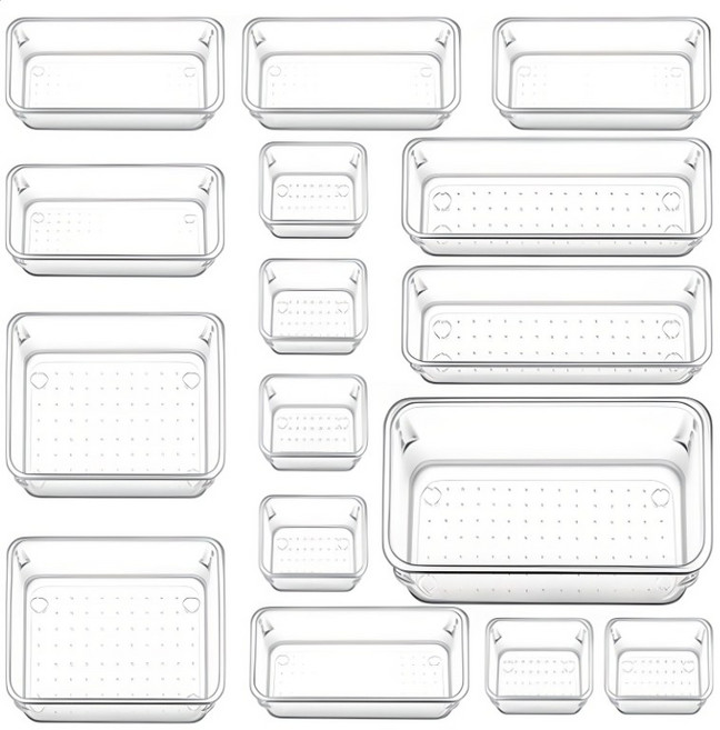 SAIVEINA 다용도 옷장 주방 사무실 화장품 욕실 책상 서랍 정리함 트레이 5가지 사이즈 아크릴 투명 보관 수납함 16피스, 1세트