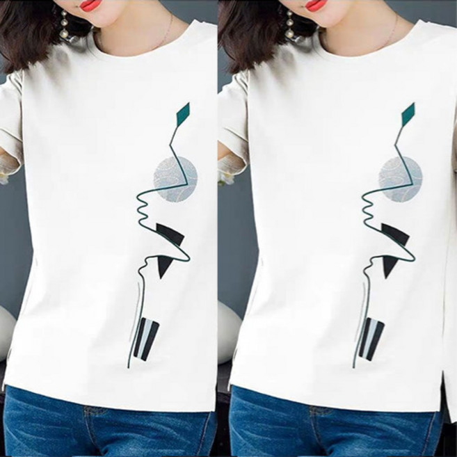 일월전빵 1+1 여성 루즈핏 도형 프린팅 반팔 티셔츠 간절기 사계절 B-C044