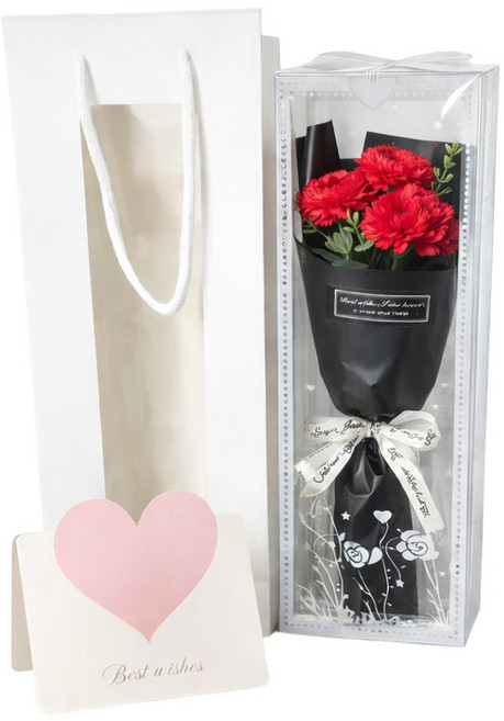 비브랜드 세송이의 꽃말 장미 카네이션 기념일 어버이날 비누꽃 쇼핑백 카드 세트, 레드 카네이션, 1개