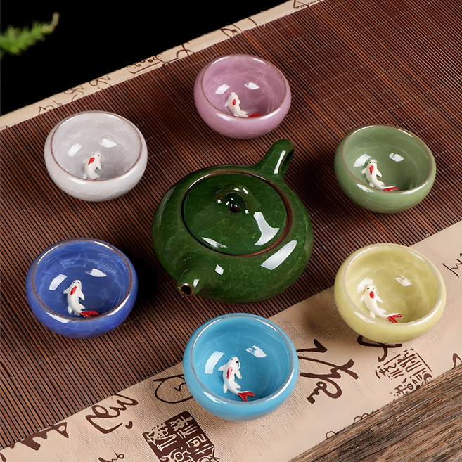 라무어 물고기 찻잔 세트, 1세트, 찻잔 6종 + 주전자, 혼합색상