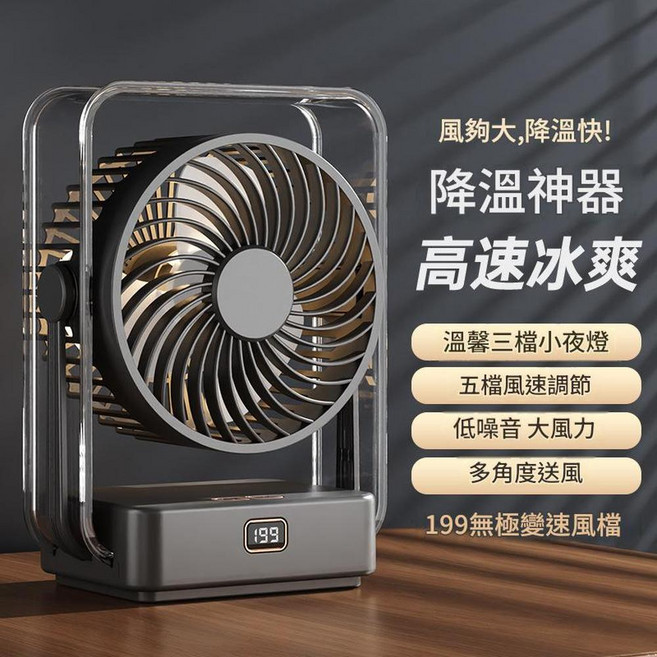 USB供電 桌面電風扇 五檔風速調節 低噪音大風力 溫馨三檔小夜燈 199無極變速, 透明黑色, 充電款內建電池