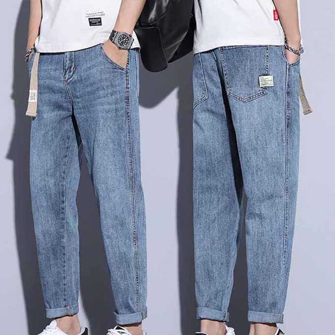 AOKADA 남성 데님 팬츠 9부 롤업 일자 통 청바지