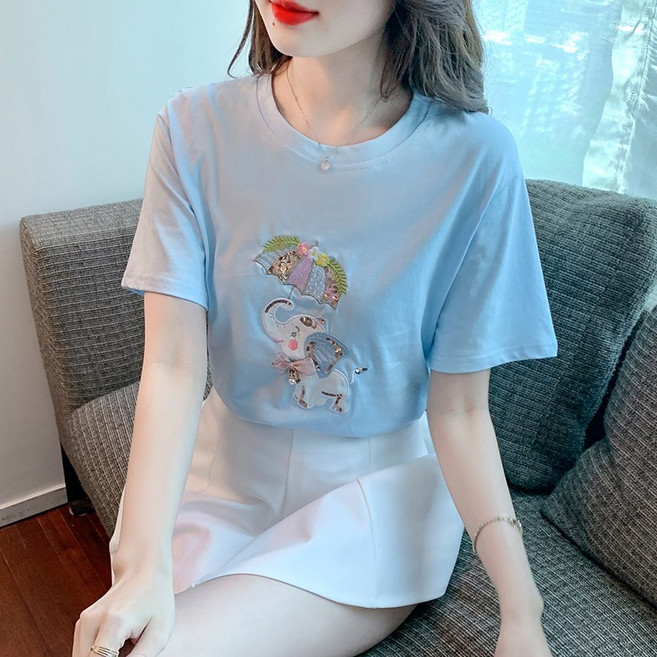 여성 봄여름 우산 쓴 코끼리 자수 반팔 티셔츠