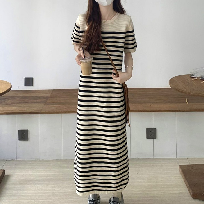 스타일아유 여성 스트라이프 반팔 여름 니트 배색 롱 원피스 쿨링 라운드 원피스